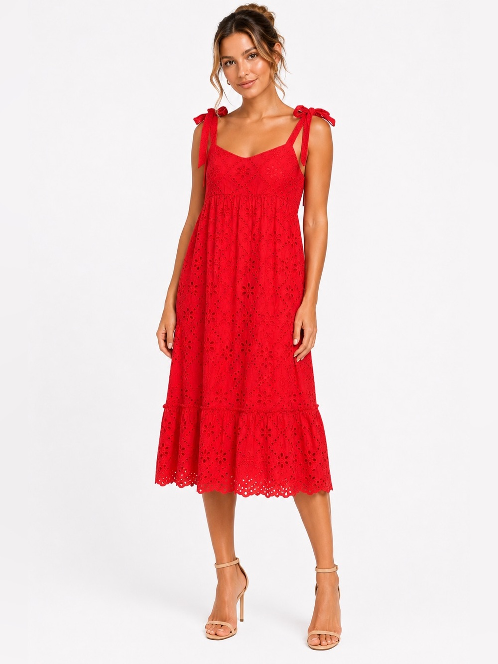 Crown &‎ Ivy Size 12 Red Eyelet Tie-Shoulder Midi Dress